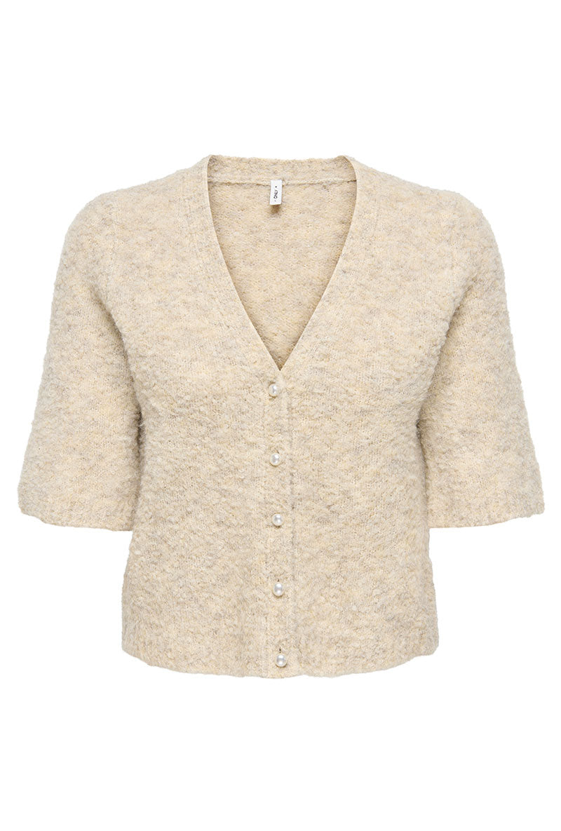 Front image of Bouble ss vneck button cardigan in stone, by brand Only