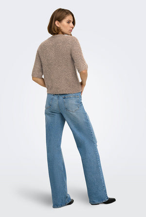 Back image of a model wearing the Bouble ss vneck button cardigan in brown, by brand Only