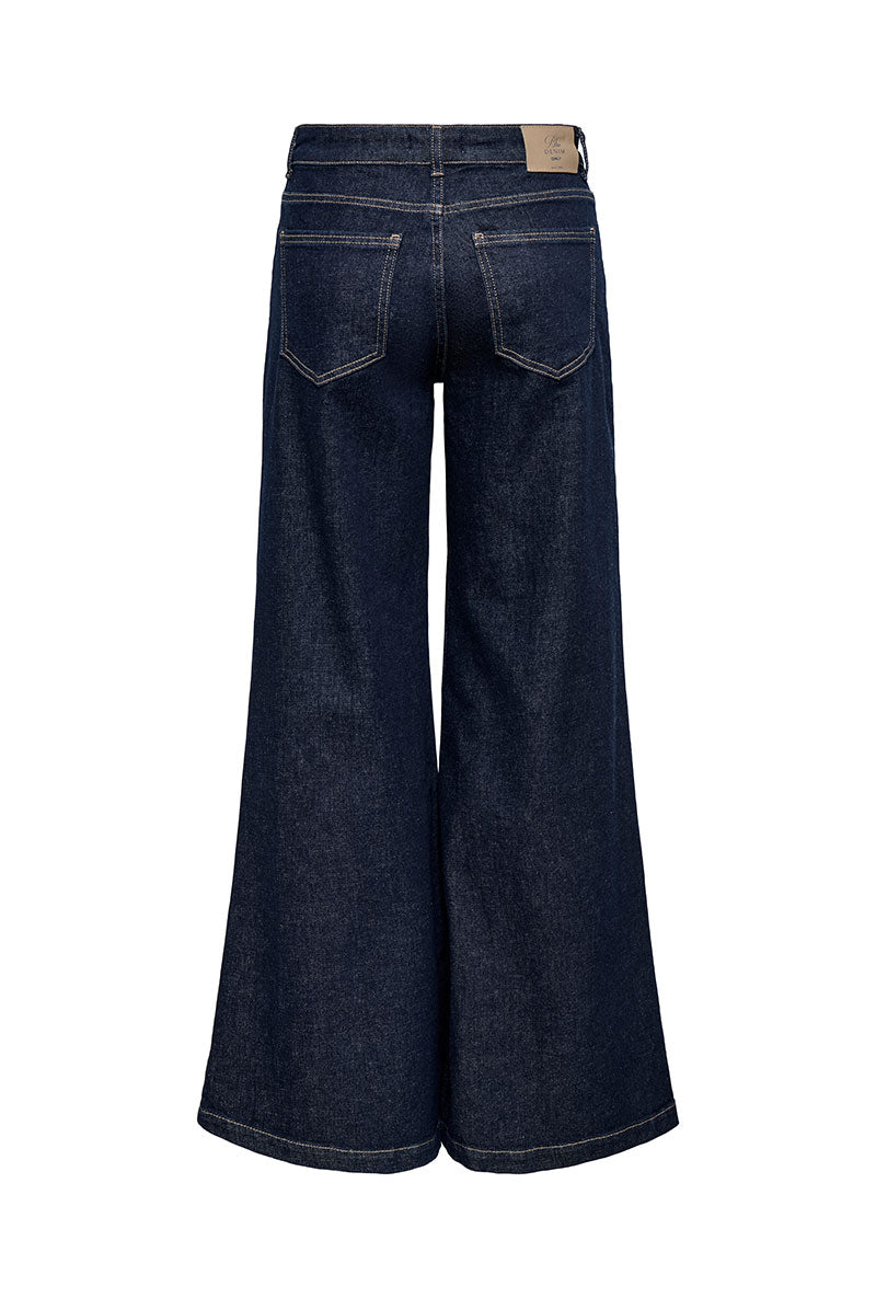 Back image of California mw wide flair jeans in dark denim, by brand Only