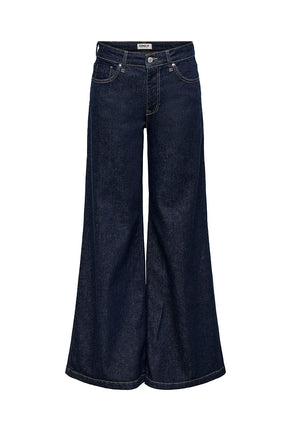Front image of California mw wide flair jeans in dark denim, by brand Only