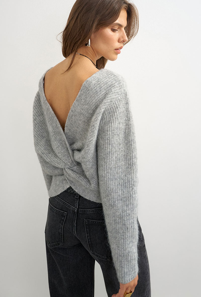 Back image of a model wearing Cally knitted knot jumper in grey, by brand Top shop