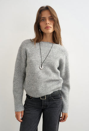 Front image of a model wearing the Cally knitted knot jumper in grey, by brand Top shop