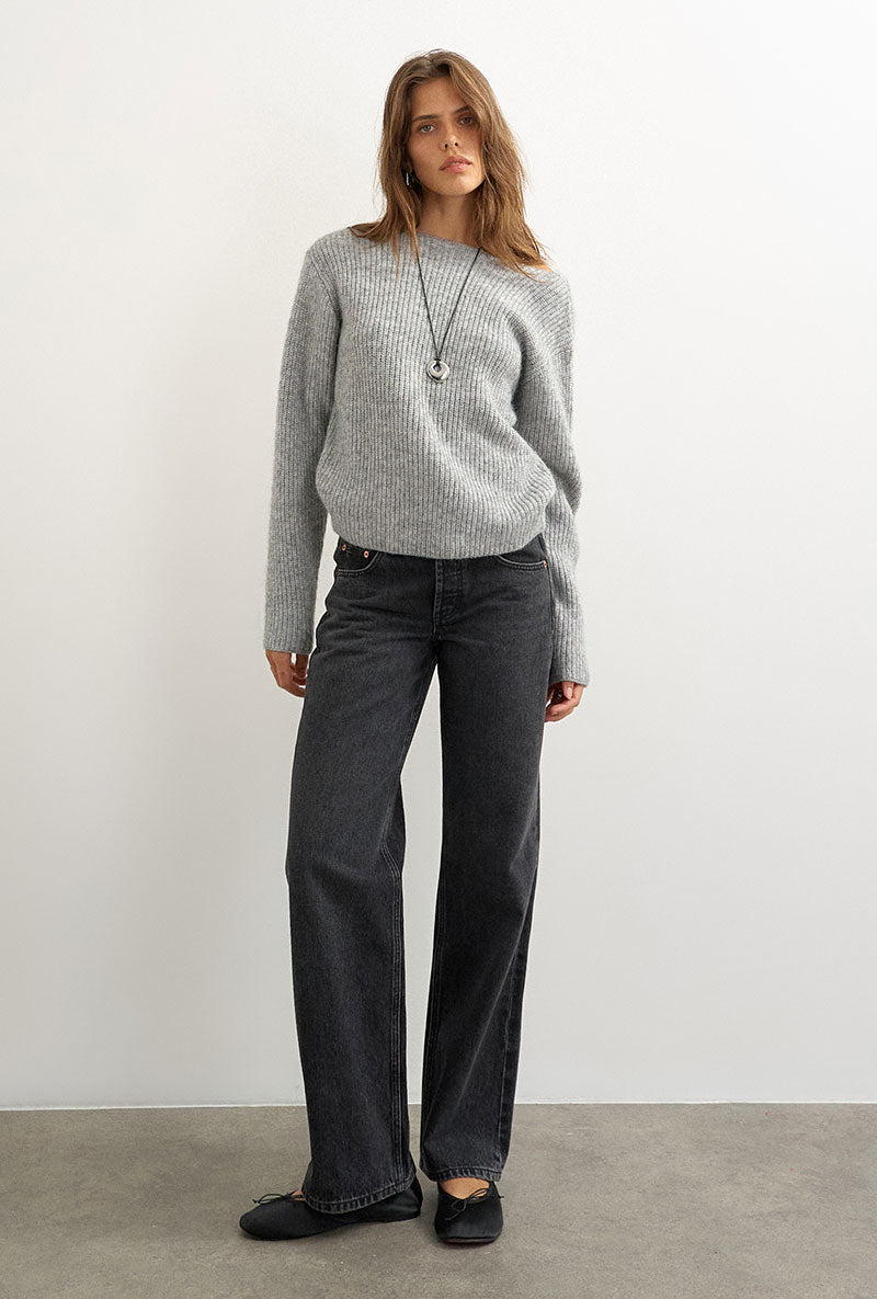 Front image of a model wearing Cally knitted knot jumper in grey, by brand Top shop