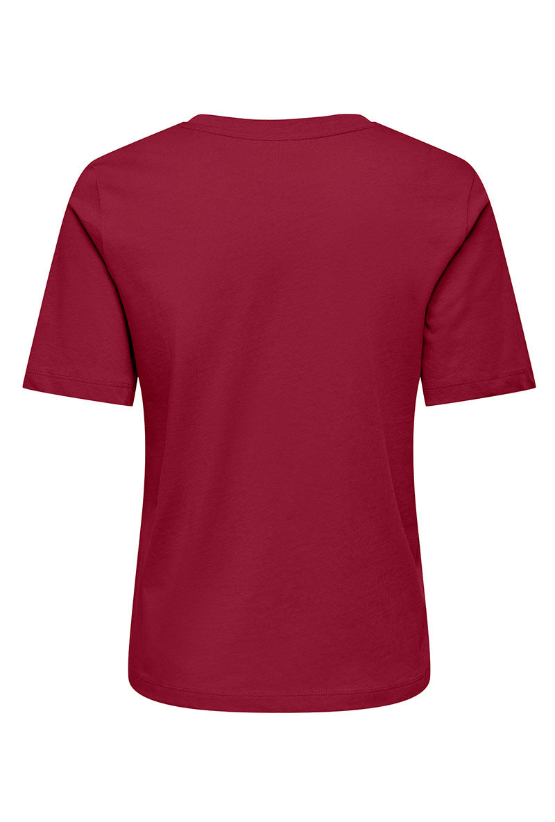Back image of Happy ss oneck tee in burgundy, by brand Only