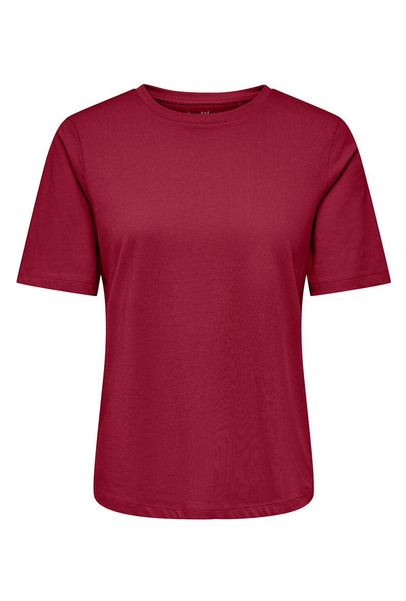 Front image of Happy ss oneck tee in burgundy, by brand Only