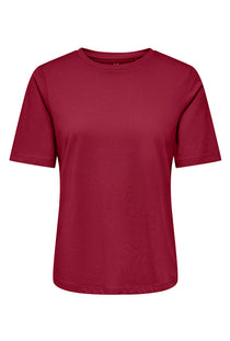 Front image of the Happy ss oneck tee in burgundy, by brand Only