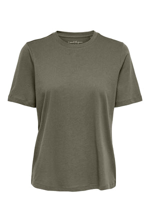 Front image of the Happy ss oneck tee in olive, by brand Only