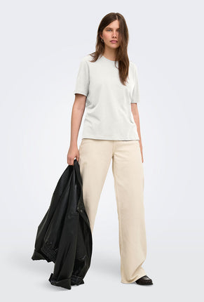 Front image of a model wearing Happy ss oneck tee in off white, by brand Only