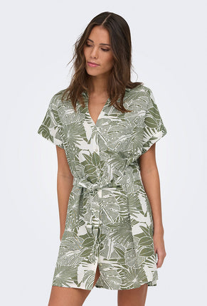 Front image of a model wearing Jakari linen ss shirt dress in green, by brand Only