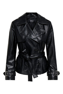 Front image of the Julia faux leather belted jacket in black, by brand Only