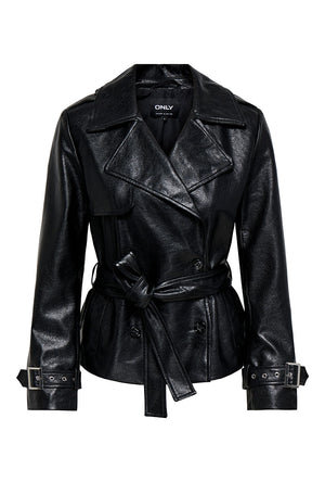 Front image of the Julia faux leather belted jacket in black, by brand Only