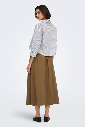Back image of a model wearing the Laven zora hw long belt skirt in brown, by brand Only