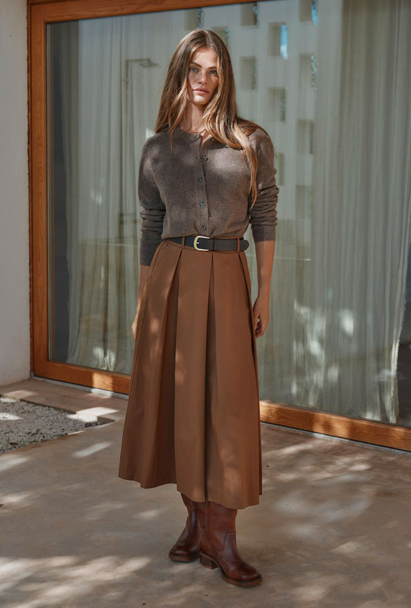 Front image of a model wearing Laven zora hw long belt skirt in brown, by brand Only