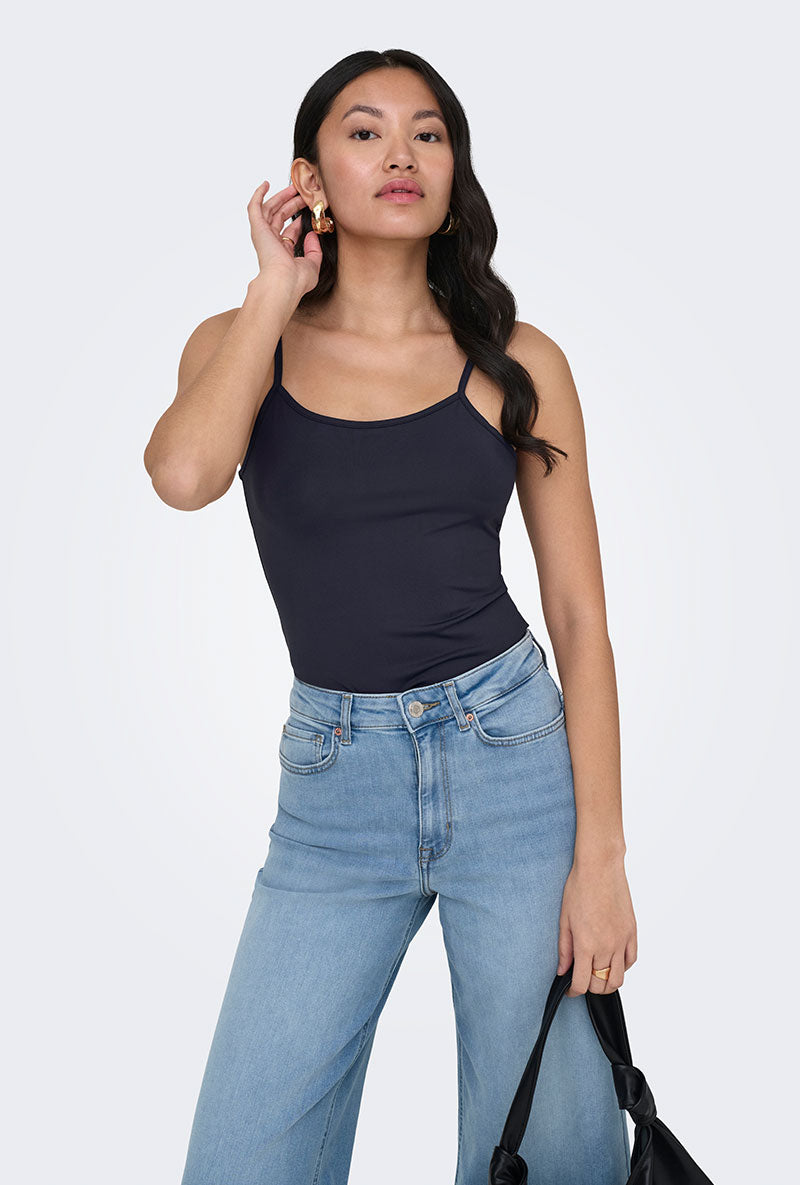 Front image of a model wearing Lea sl new singlet in navy, by brand Only