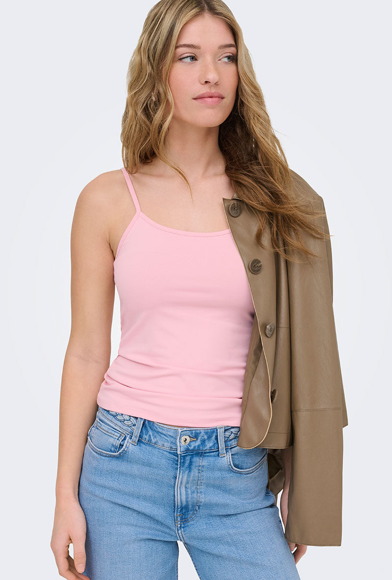 Front image of a model wearing Lea sl new singlet in pink, by brand Only