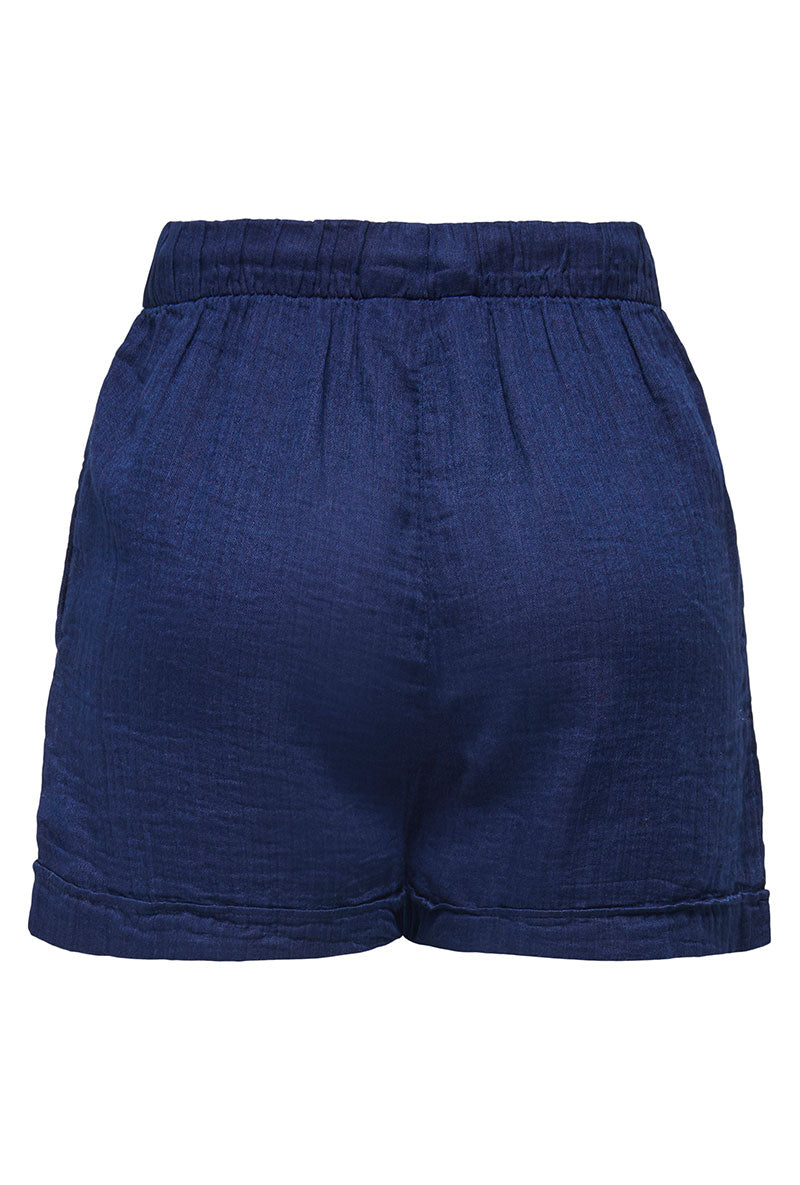 Back image of Leoni seersucker pull up shorts in navy, by brand Only