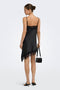 Back image of a model wearing the Lindona strap satin lace dress in black, by brand Only