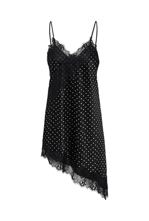 Front image of the Lindona strap satin lace dress in black, by brand Only