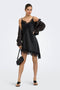 Front image of a model wearing Lindona strap satin lace dress in black, by brand Only