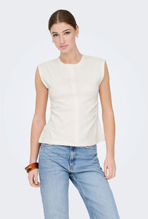 Front image of a model wearing the Marie s/l ruching top in off white, by brand Only