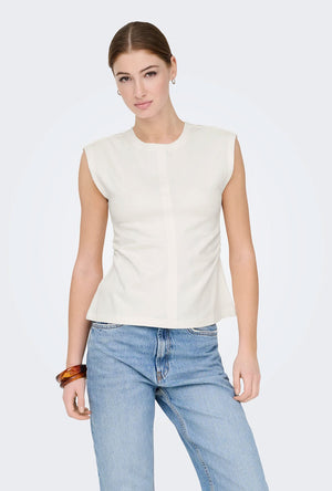 Front image of a model wearing the Marie s/l ruching top in off white, by brand Only