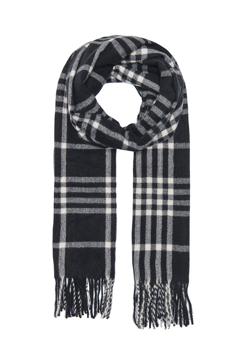 Front image of Mathilde check fringe scarf in black, by brand Only