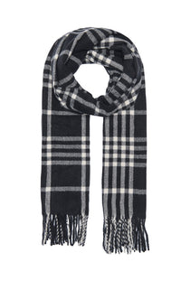 Front image of the Mathilde check fringe scarf in black, by brand Only