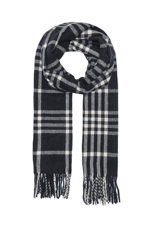 Front image of the Mathilde check fringe scarf in black, by brand Only