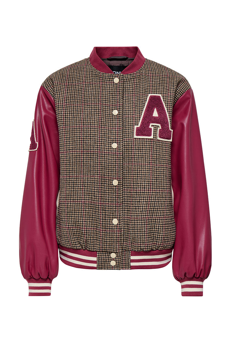 Front image of Moreno bomber jacket in burgundy, by brand Only