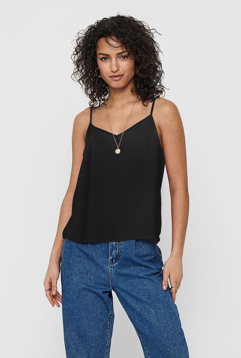 Front image of a model wearing Nova life viscose paris singlet in black, by brand Only