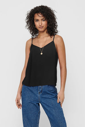 Front image of a model wearing the Nova life viscose paris singlet in black, by brand Only