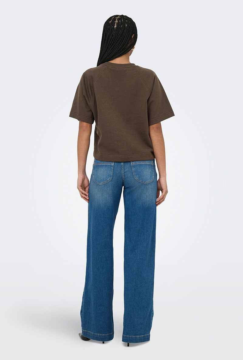 Back image of a model wearing Ofelia ss raglan sweatshirt in brown, by brand Only