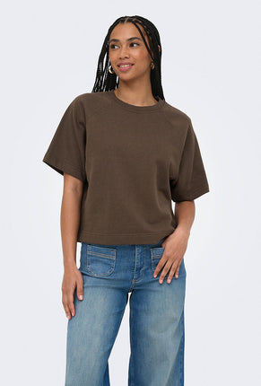 Front image of a model wearing Ofelia ss raglan sweatshirt in brown, by brand Only