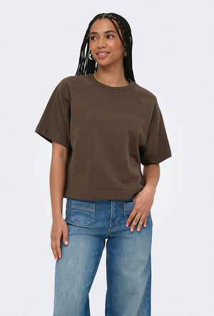 Front image of a model wearing the Ofelia ss raglan sweatshirt in brown, by brand Only