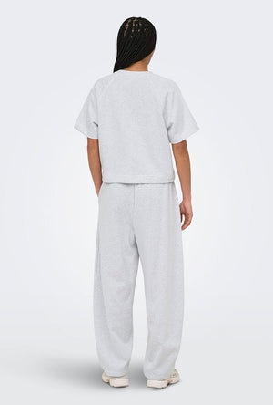 Back image of a model wearing the Ofelia sweatpants in light grey, by brand Only