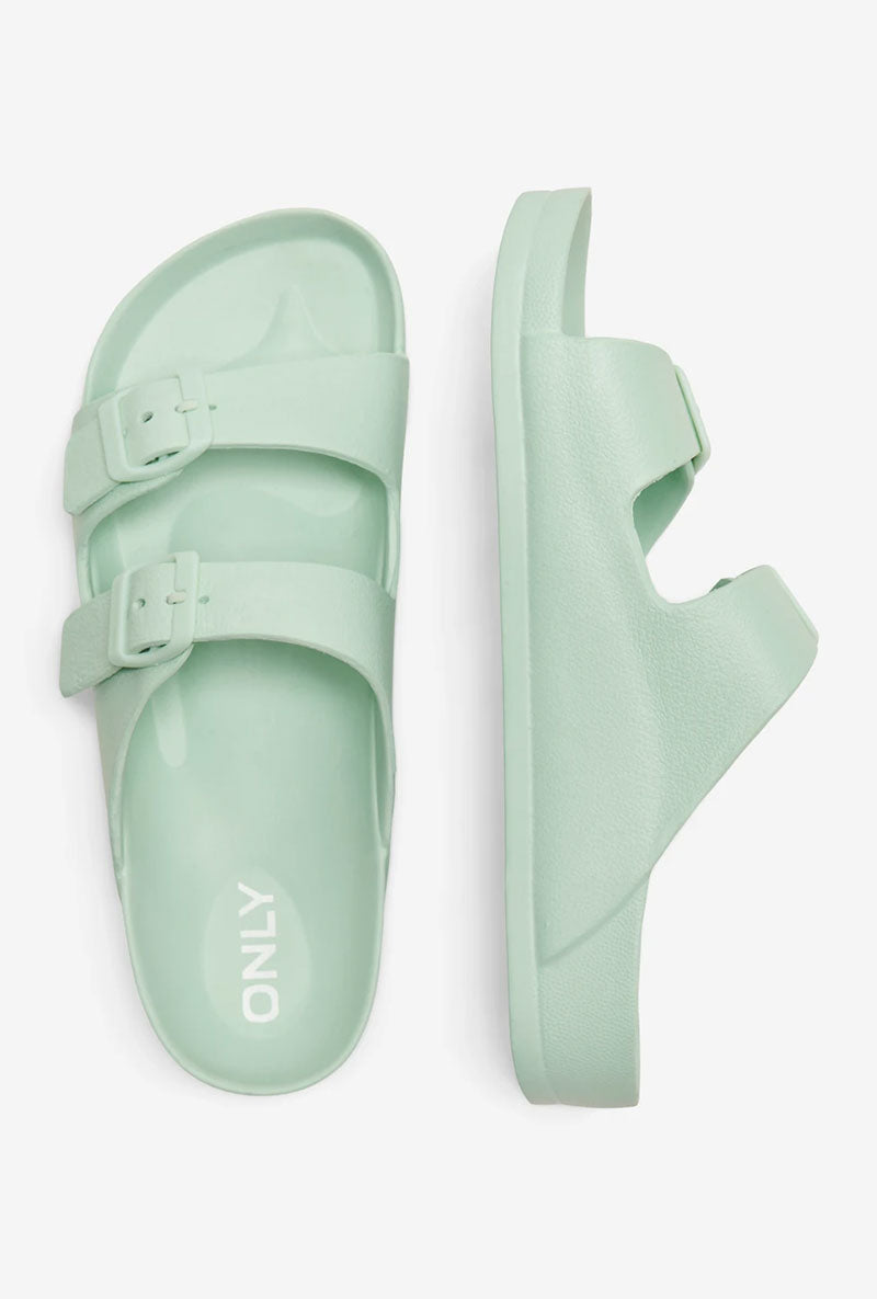 Front and sole image of Cristy sandal in light green, by brand Only