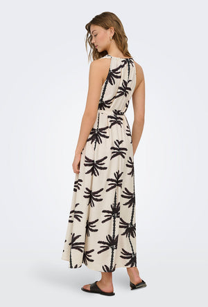Back image of a model wearing the Palima sl long belt dress in beige, by brand Only