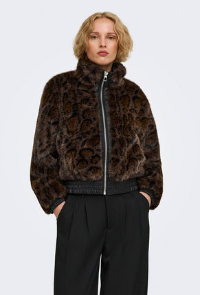 Front image of a model wearing Rikke faux fur jacket in black, by brand Only