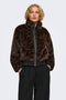 Front image of a model wearing Rikke faux fur jacket in black, by brand Only