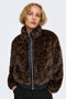 Front image of a model wearing the Rikke faux fur jacket in black, by brand Only