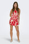 Front image of a model wearing the Sakura short bandeau dress in red, by brand Only