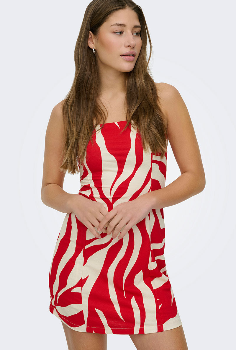 Front image of a model wearing Sakura short bandeau dress in red, by brand Only