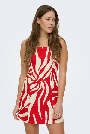 Front image of a model wearing the Sakura short bandeau dress in red, by brand Only