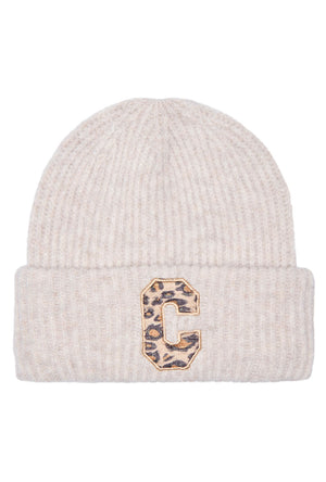 Front image of the Sara knit letter beanie in beige, by brand Only