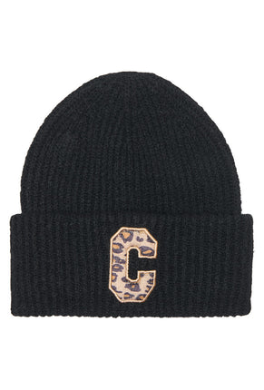 Front image of Sara knit letter beanie in black, by brand Only