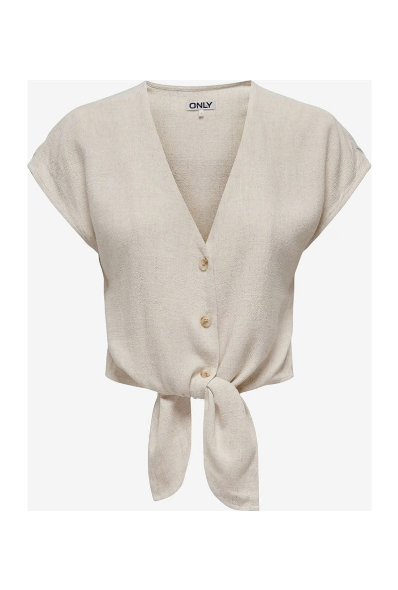 Front image of Siesta ss knot linen shirt in off white, by brand Only