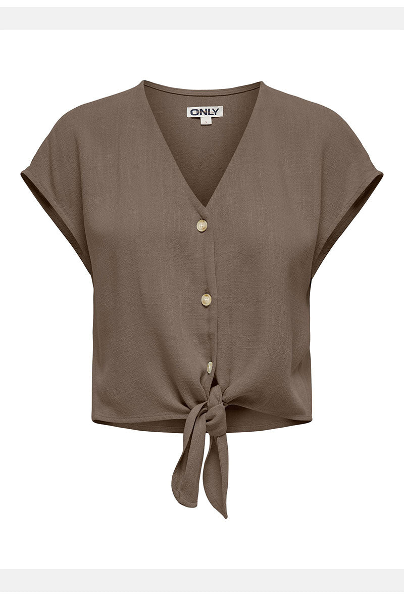 Front image of Siesta ss knot linen shirt in brown, by brand Only