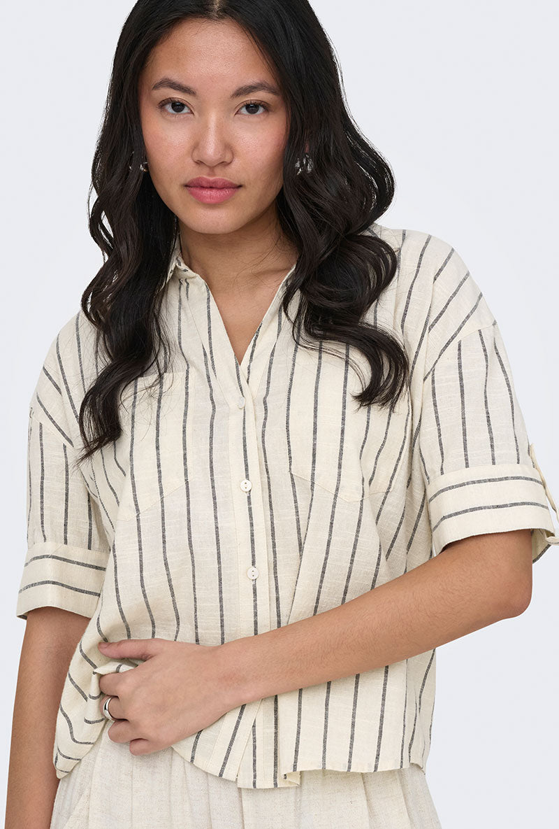 Front image of a model wearing Tizana stripe s/s shirt in stripe, by brand Only