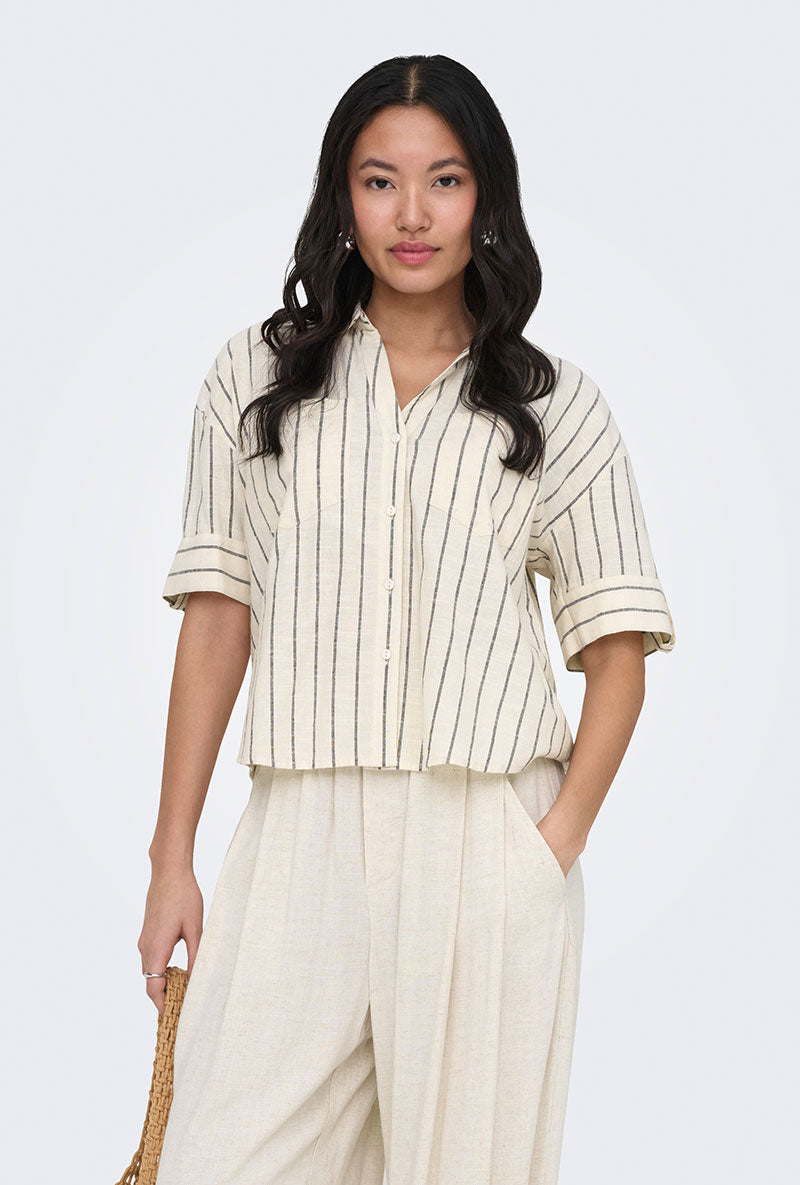 Front image of a model wearing Tizana stripe s/s shirt in stripe, by brand Only