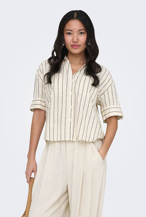 Front image of a model wearing the Tizana stripe s/s shirt in stripe, by brand Only